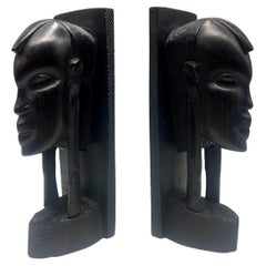 Vintage African Figurative Carved Ebony Bust Bookends