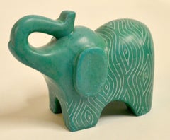 Vintage African Folk Art Carved Soapstone Ocean Green Elephant Figurine Animal