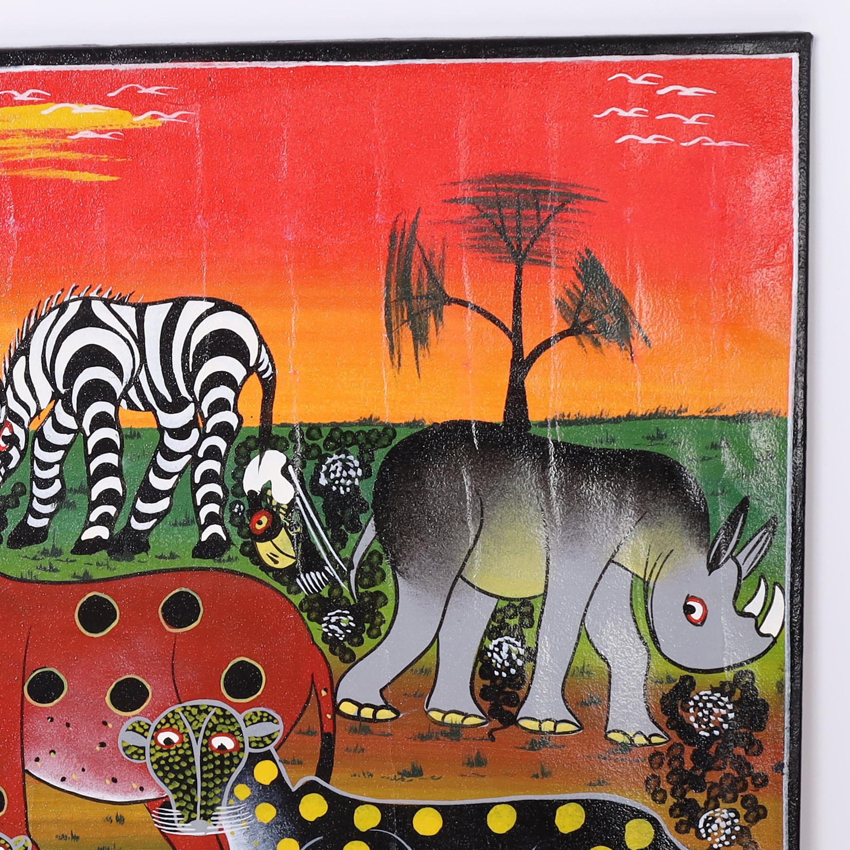 Arte popolare Pittura folkloristica africana d'epoca su tela di animali in vendita