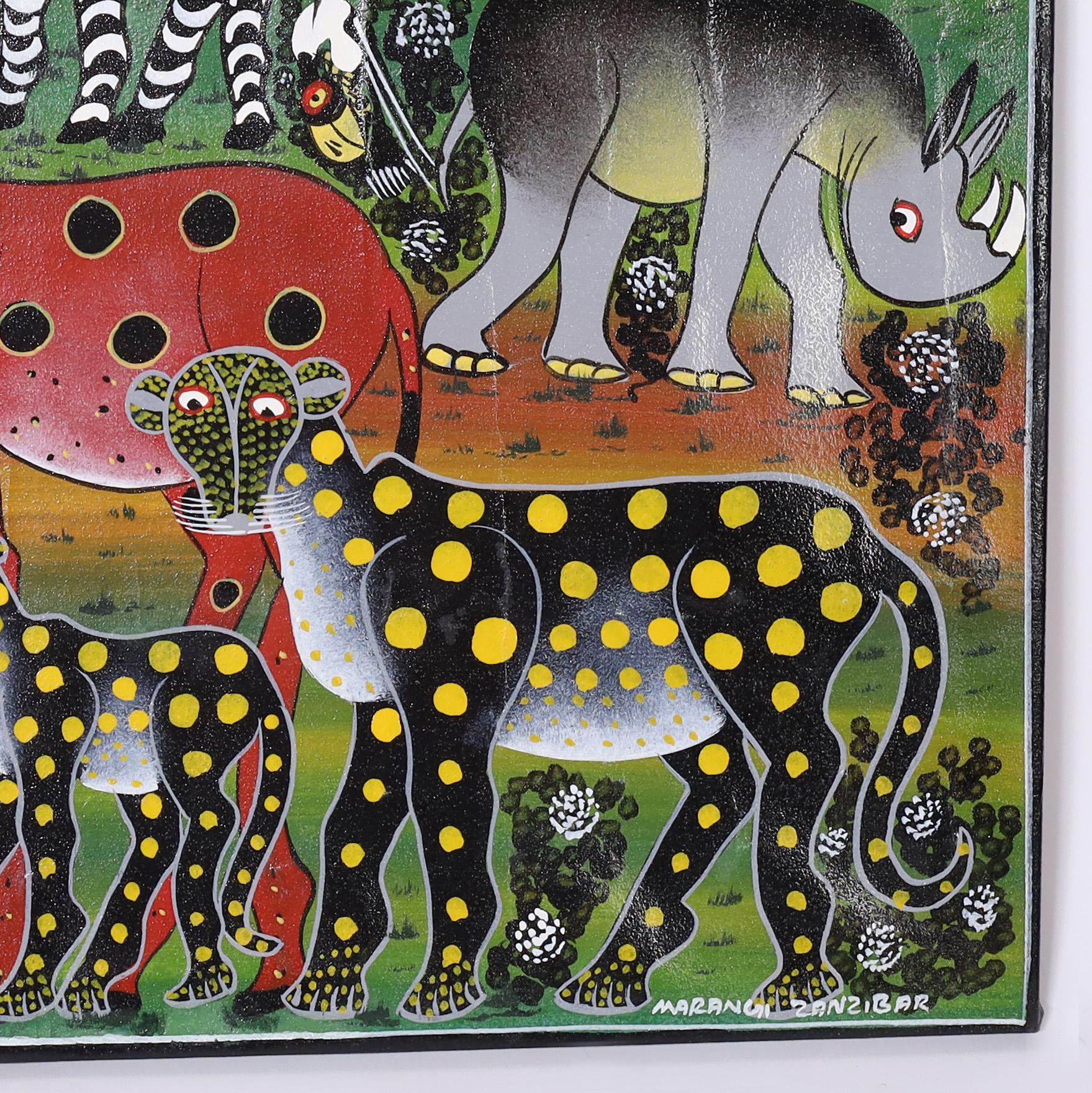 Tanzaniano Pittura folkloristica africana d'epoca su tela di animali in vendita
