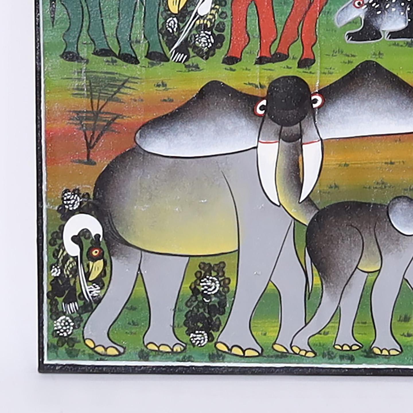 Dipinto a mano Pittura folkloristica africana d'epoca su tela di animali in vendita