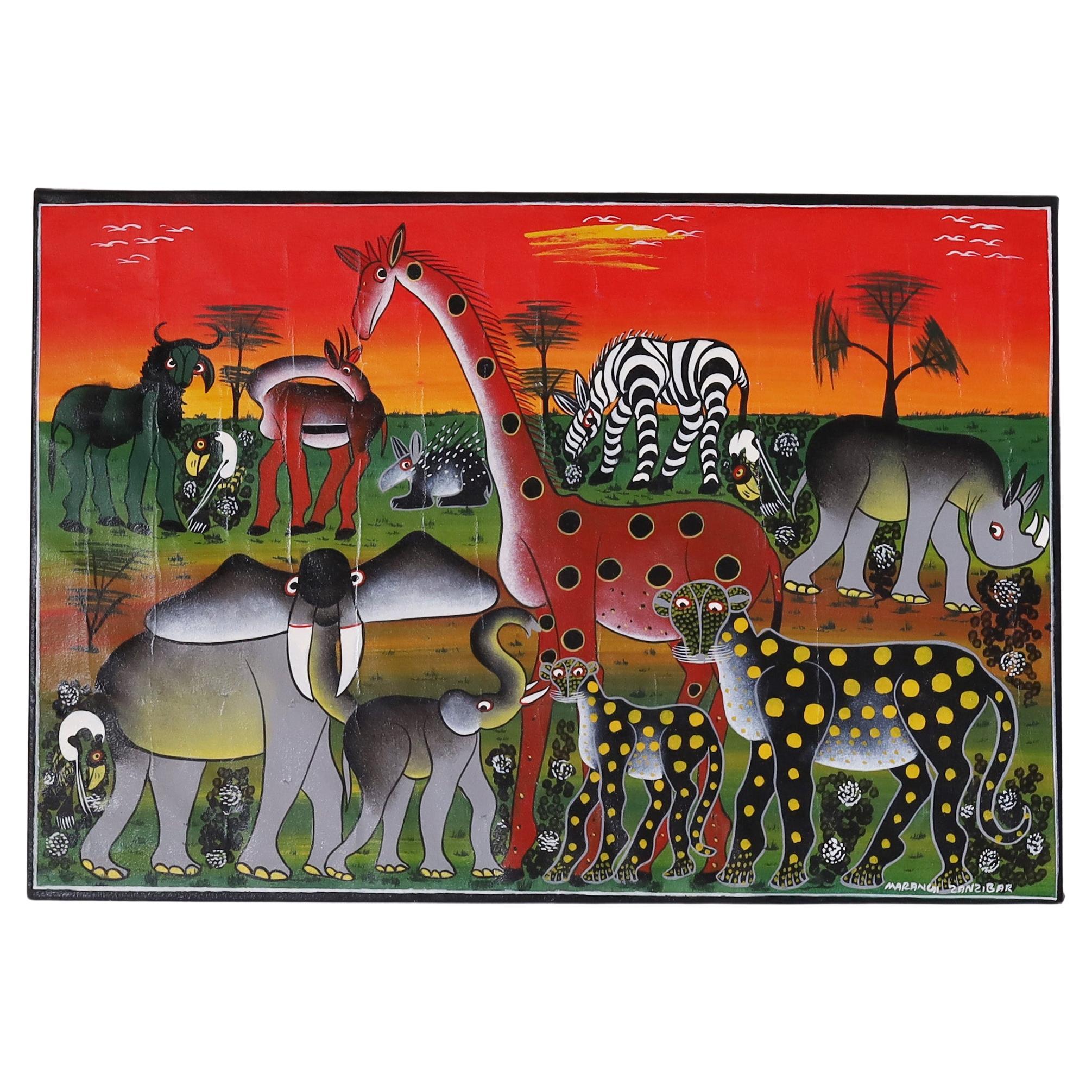 Vintage African Folk Art Painting on Canvas of Animals