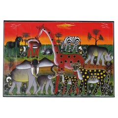 Vintage African Folk Art Painting on Canvas of Animals
