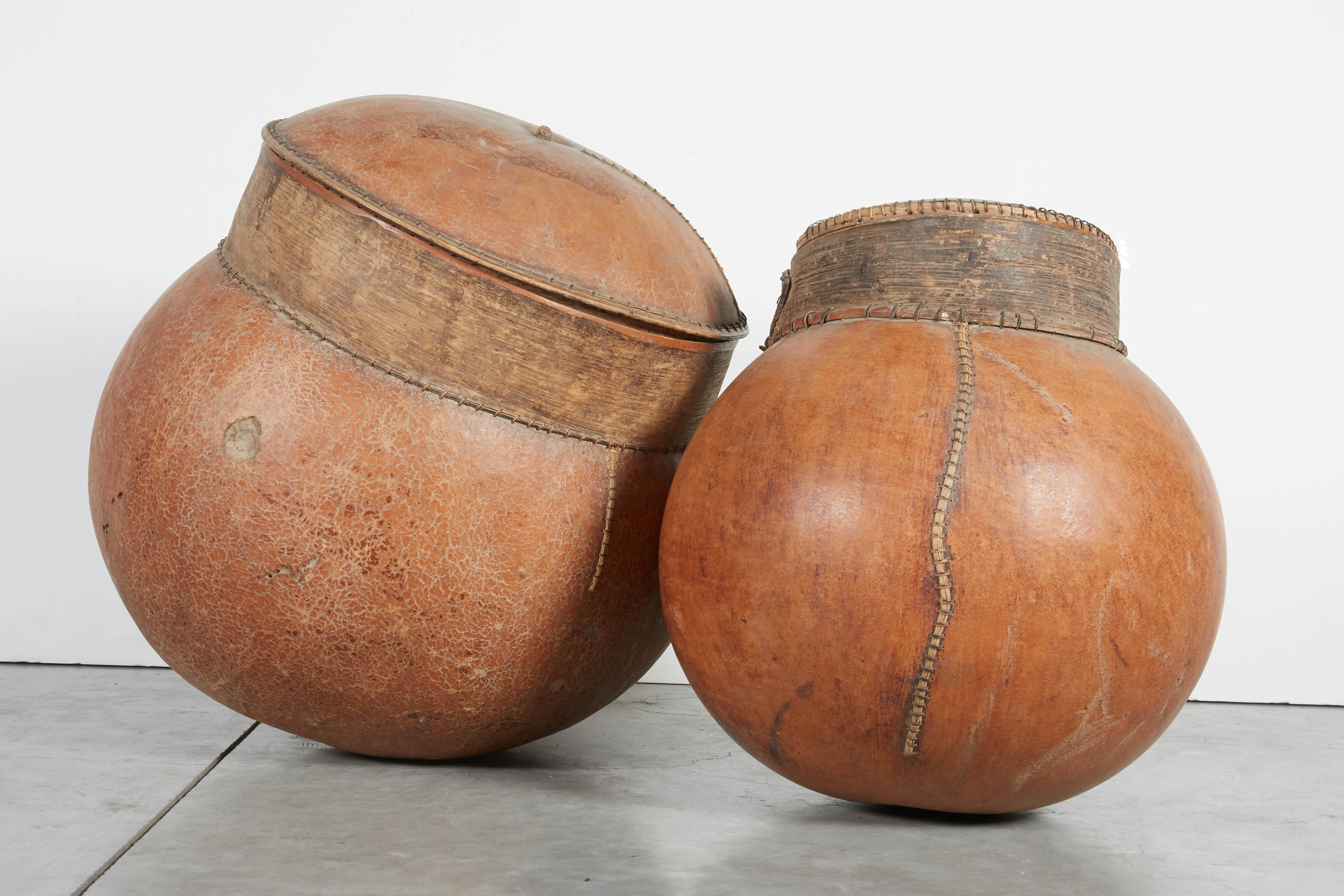 Natural Fiber Vintage African Gourd Storage Vessels