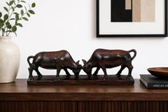 Vintage African Hand-Carved Ebony Wood Fighting Bulls Sculpture