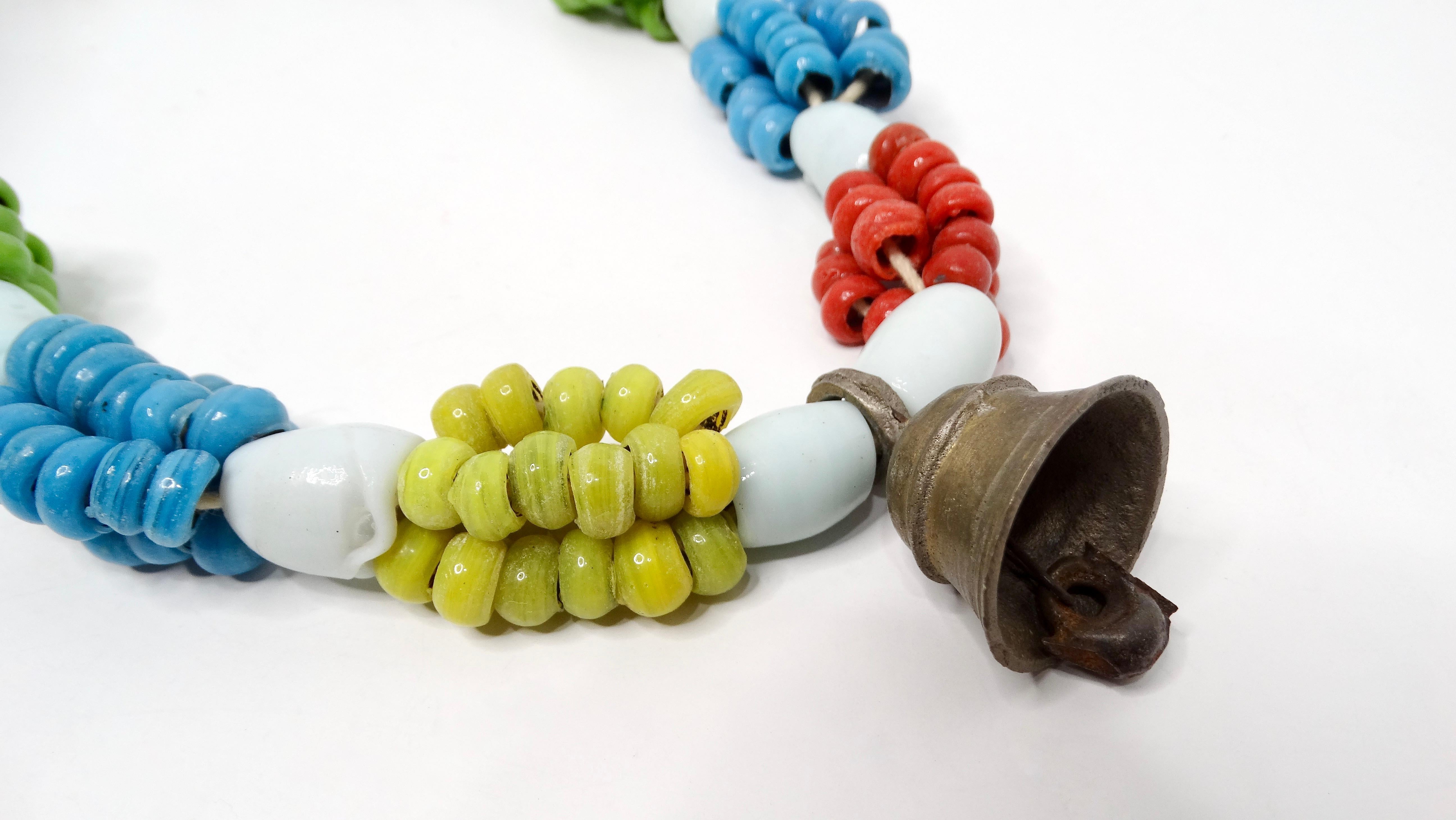 Vintage African Handmade Tribal Multicolor Glass Beaded Necklace With Bell In Good Condition For Sale In Scottsdale, AZ