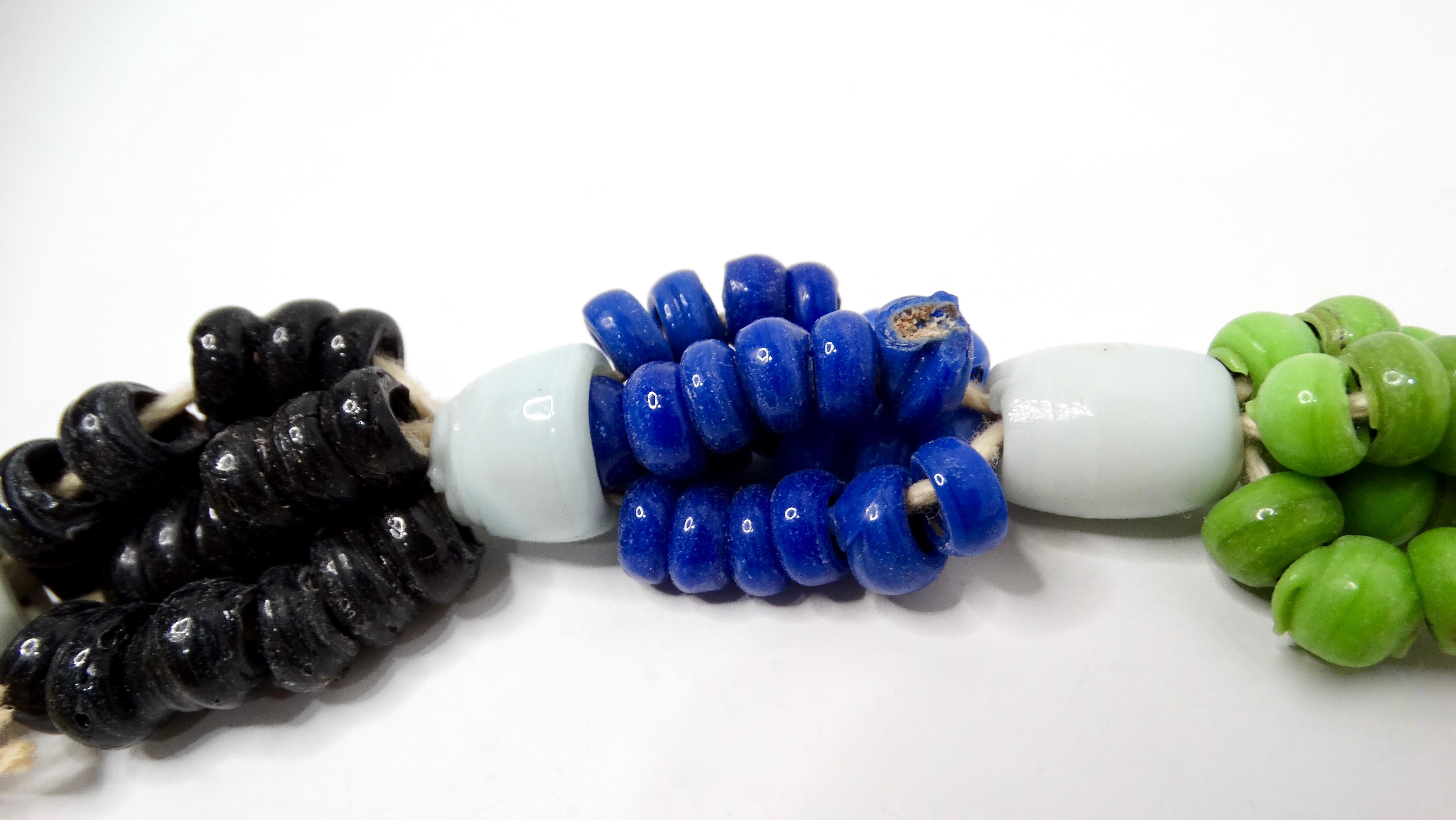 Vintage African Handmade Tribal Multicolor Glass Beaded Necklace With Bell For Sale 1