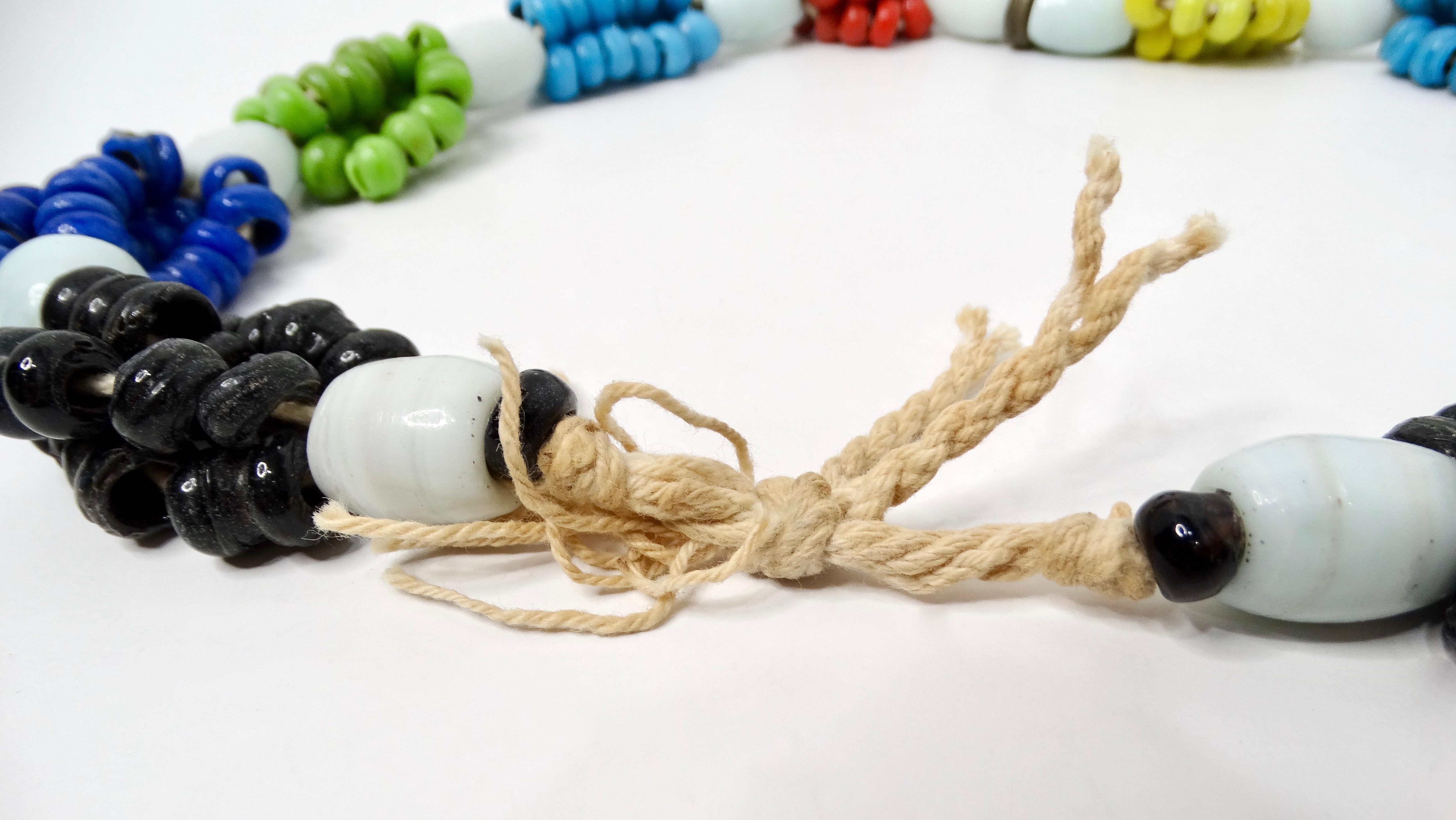 Vintage African Handmade Tribal Multicolor Glass Beaded Necklace With Bell For Sale 2