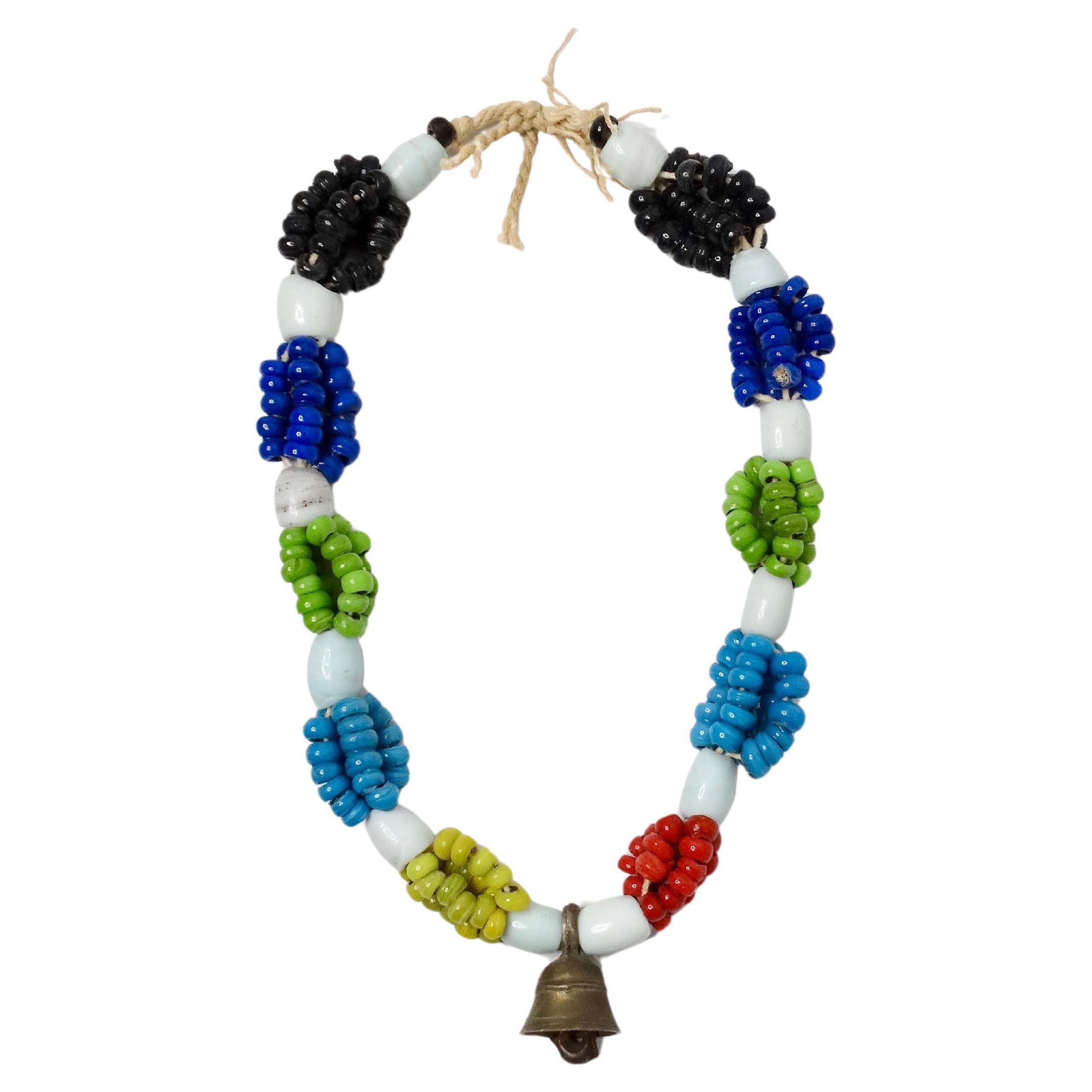 Vintage African Handmade Tribal Multicolor Glass Beaded Necklace With Bell For Sale