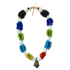 Vintage African Handmade Tribal Multicolor Glass Beaded Necklace With Bell