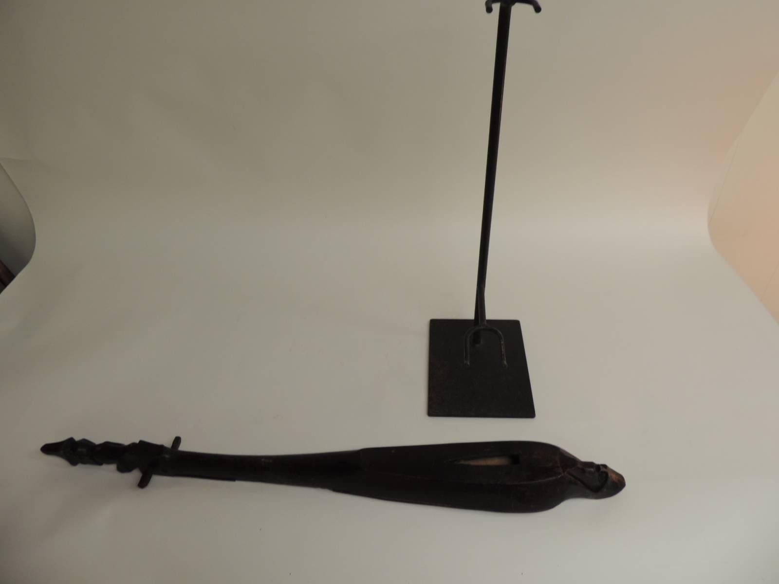 Hand-Crafted Vintage Indonesian Harp Instrument on Iron Stand