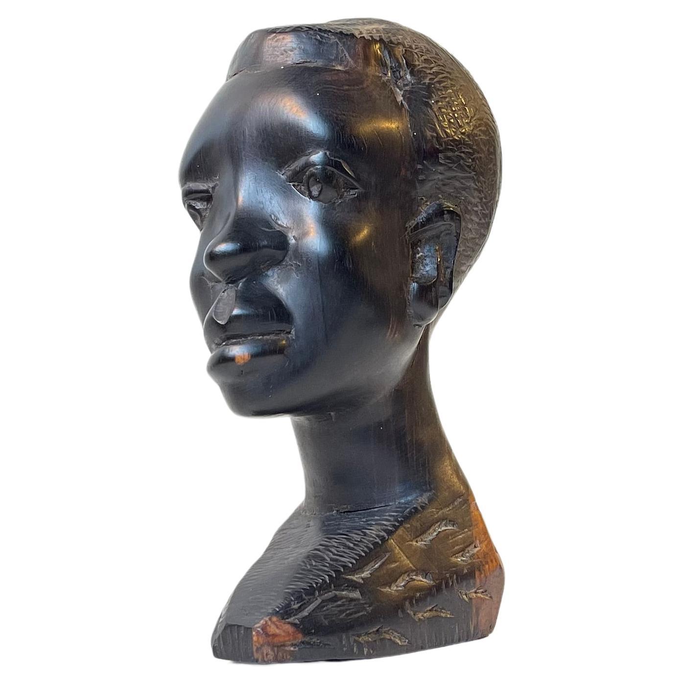 Vintage African Head Bust in Hand Carved Black Wood For Sale