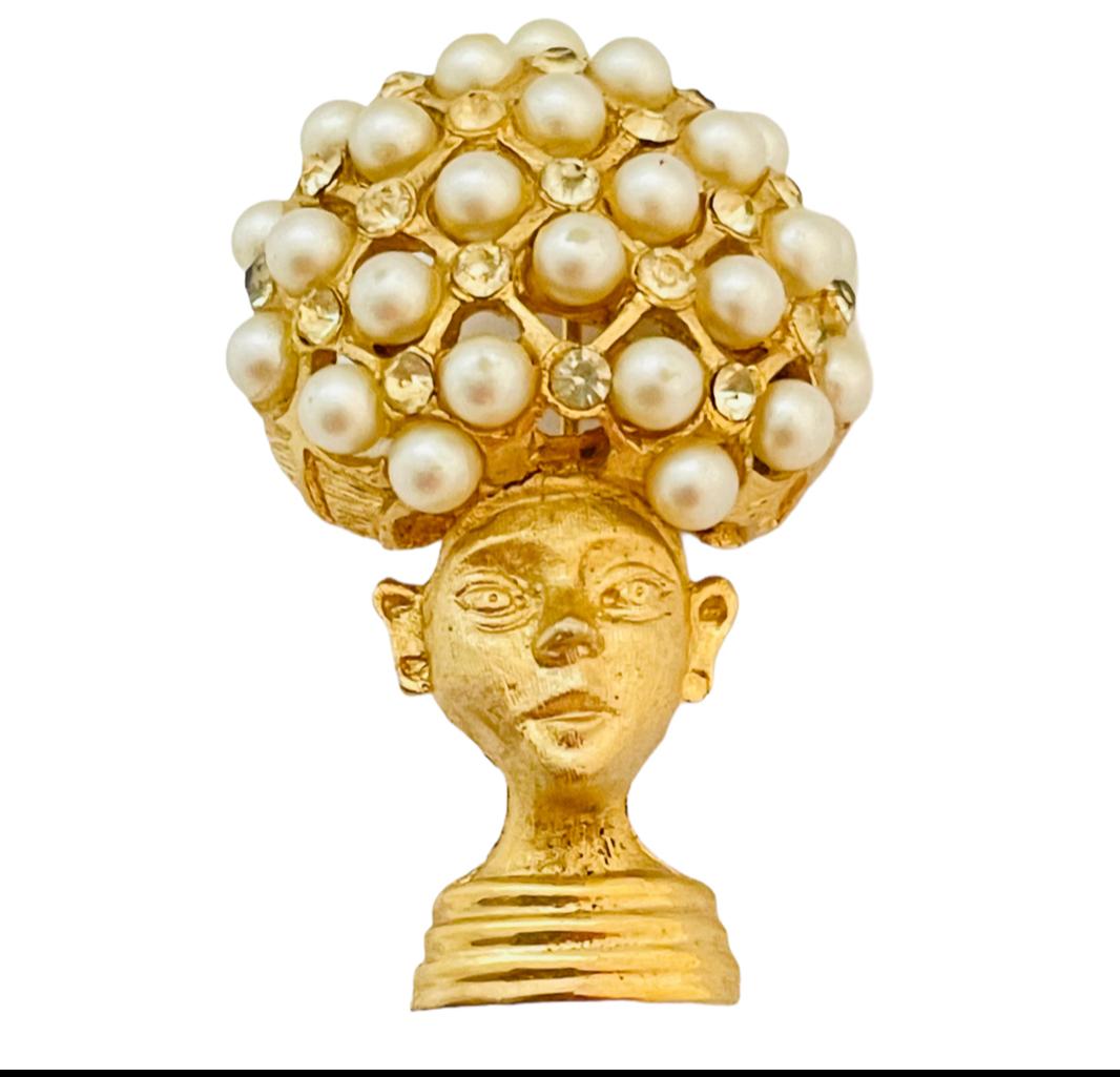 Women's Vintage African lady pearl rhinestone brooch For Sale
