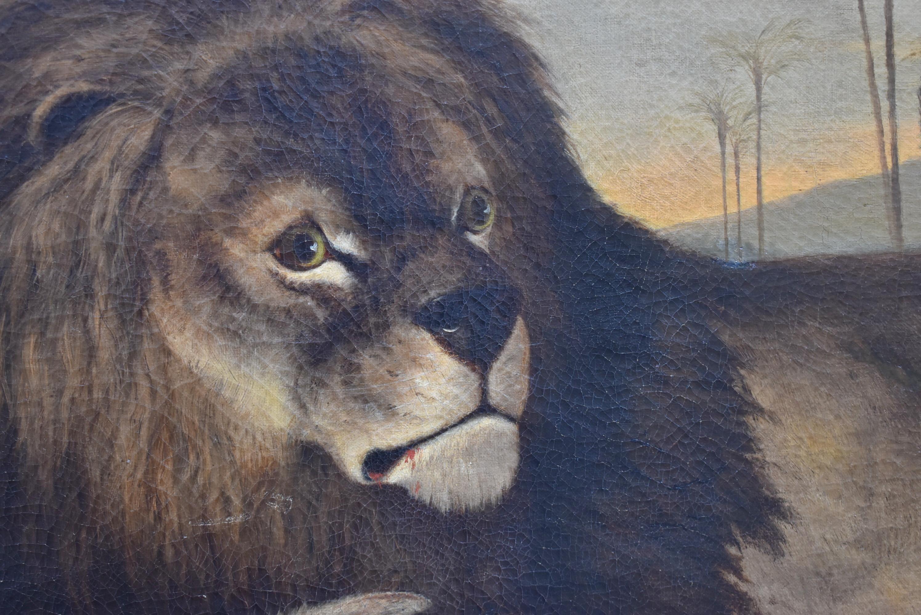 Vintage African Lion Oil Painting In Good Condition For Sale In Toledo, OH