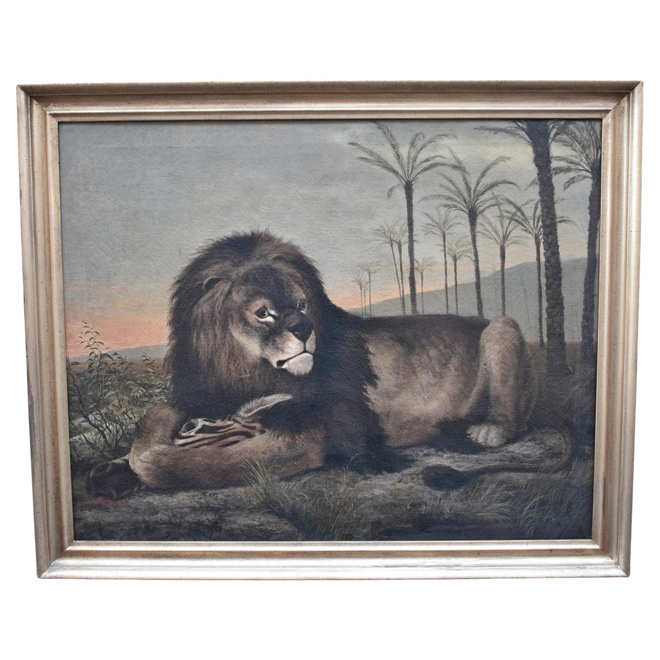 Vintage African Lion Oil Painting For Sale