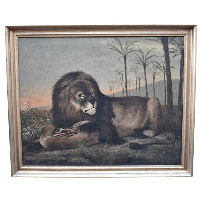 Vintage African Lion Oil Painting For Sale at 1stDibs