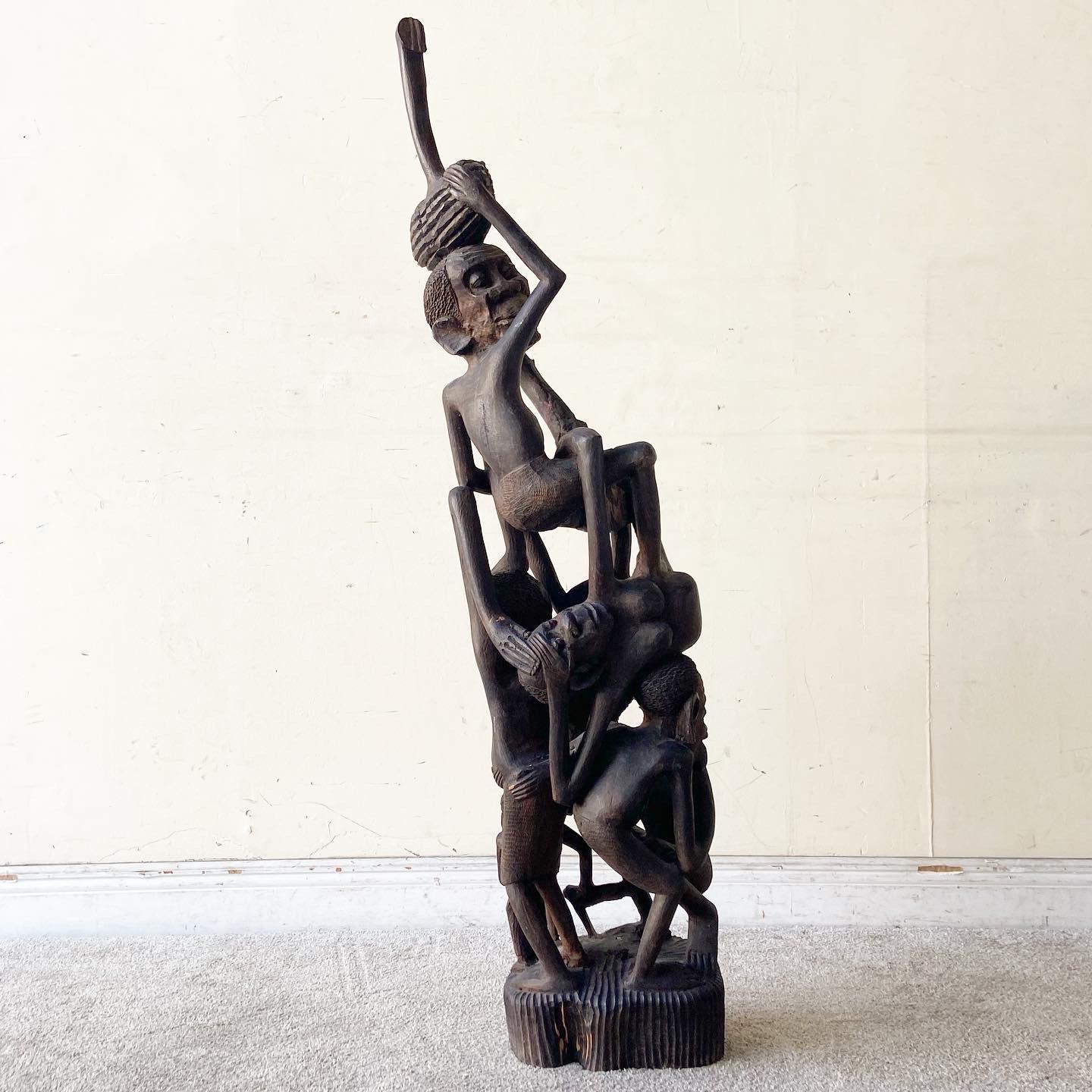 Vintage African Makonde Tree of Life Wooden Sculpture In Good Condition For Sale In Delray Beach, FL