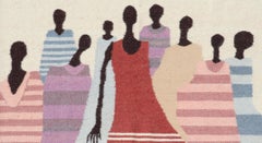 Vintage African Masana Tapestry with Tribal Figures in Striped Garments Design