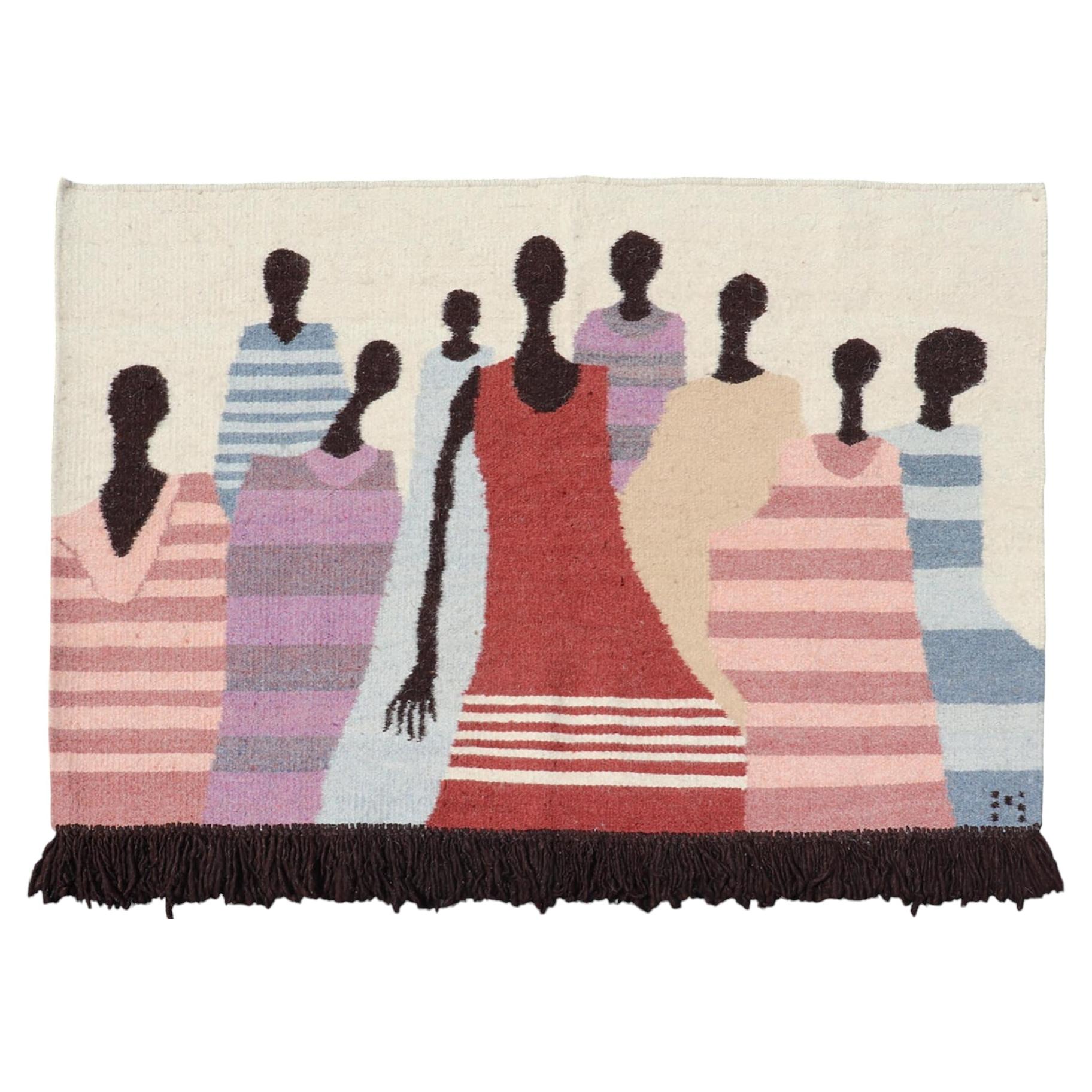 Vintage African Masana Tapestry with Tribal Figures in Striped Garments Design