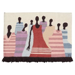 Vintage African Masana Tapestry with Tribal Figures in Striped Garments Design