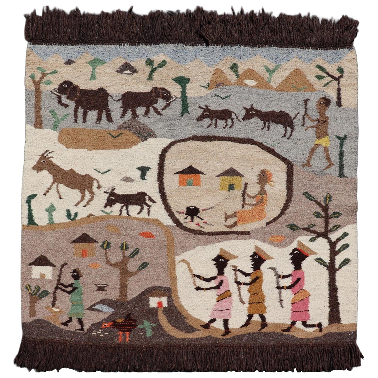 Vintage African Masana Tapestry with Tribal Village, Wildlife and Hunting Scene