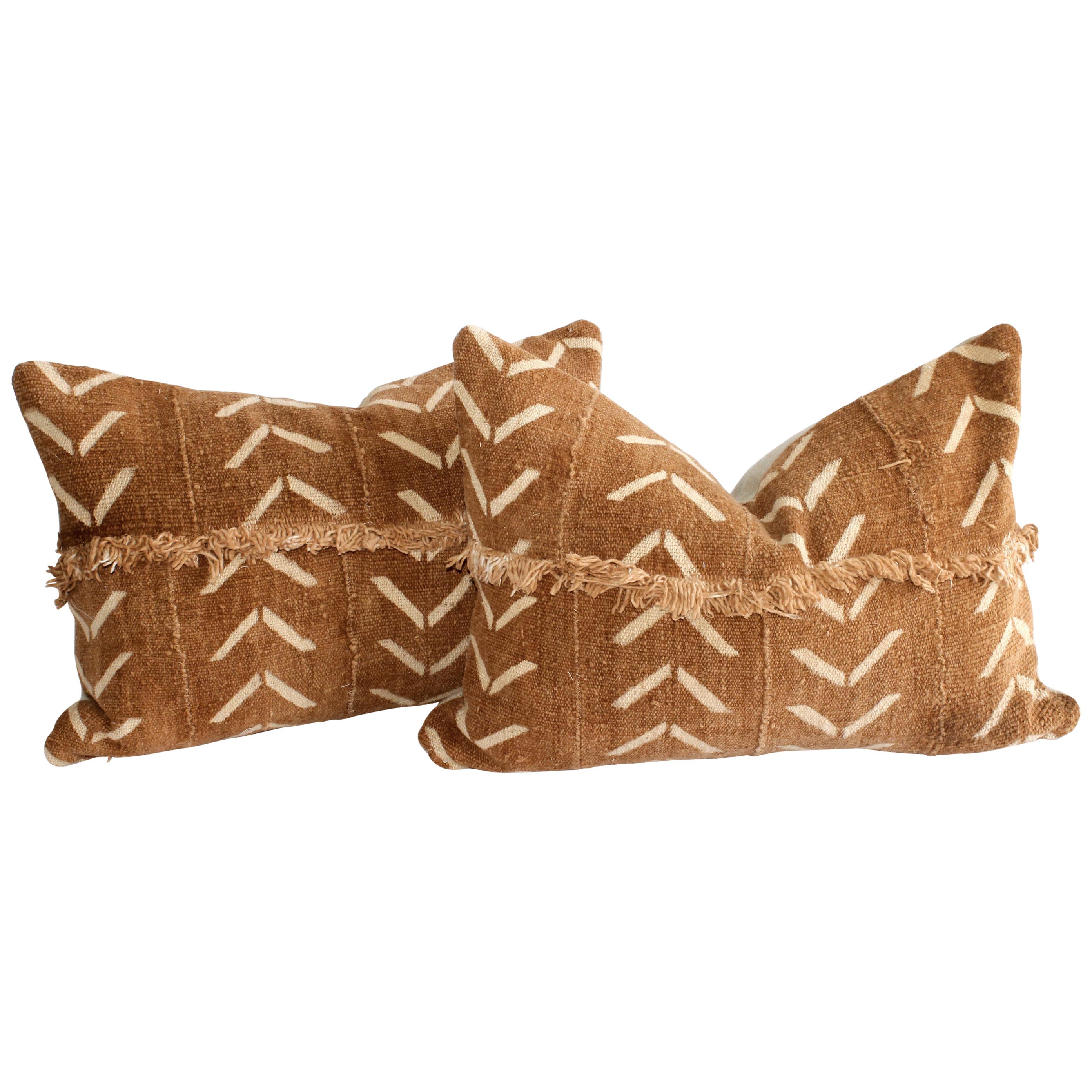 Vintage African Mudcloth Pillows with Original Fringe Details at 1stDibs