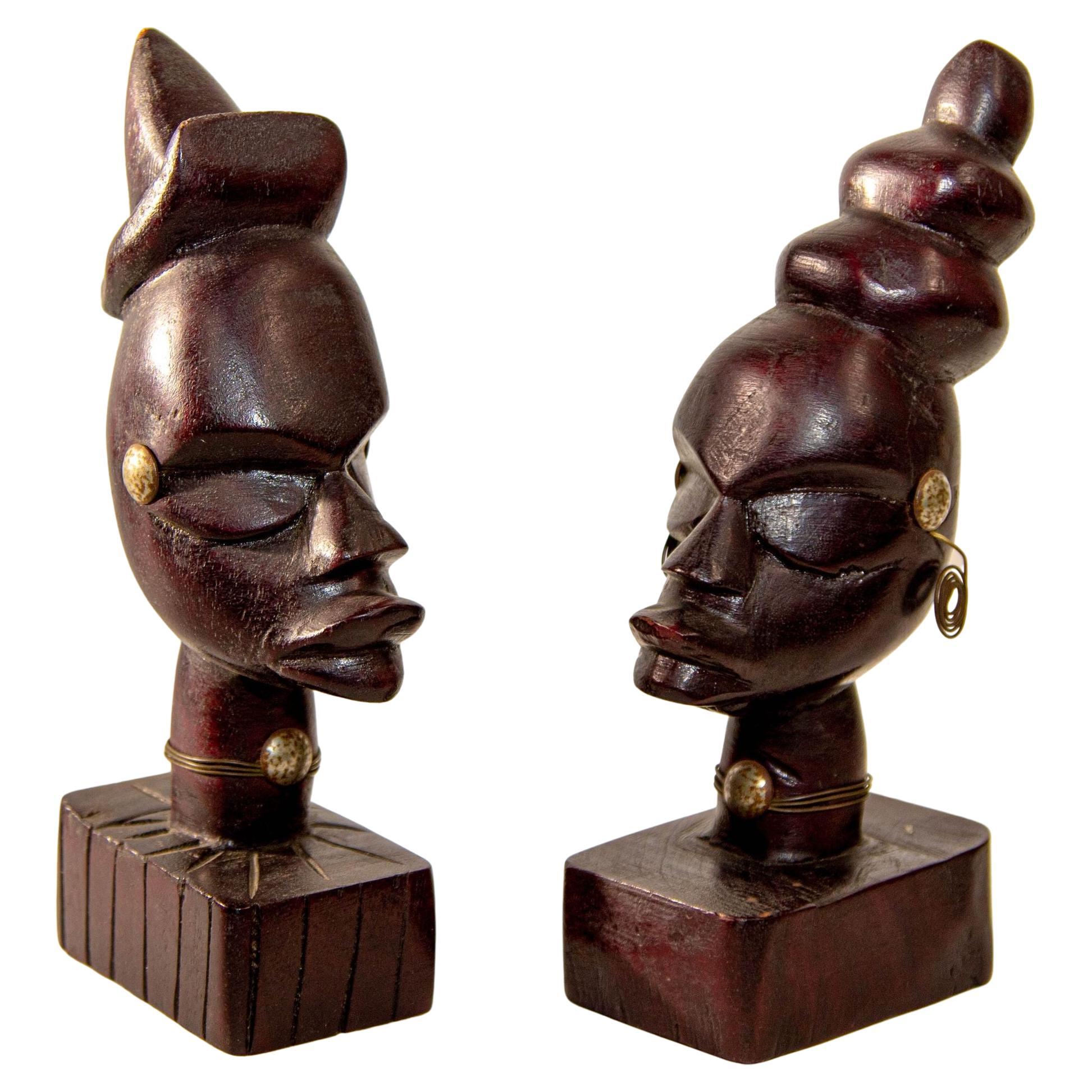 Vintage African Pair of Wooden Hand Carved Busts Sculptures