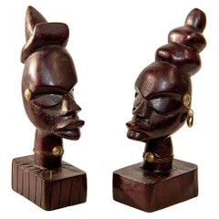 Vintage African Pair of Wooden Hand Carved Busts Sculptures