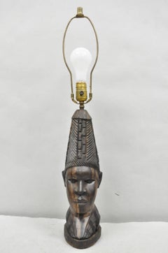 Vintage African Primitive Carved Ebony Wood Benin Bust Head Sculpture Table Lamp