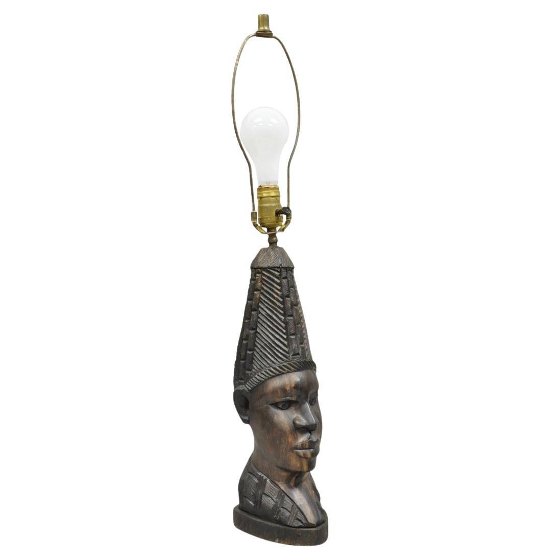 Vintage African Primitive Carved Ebony Wood Benin Bust Head Sculpture Table Lamp For Sale