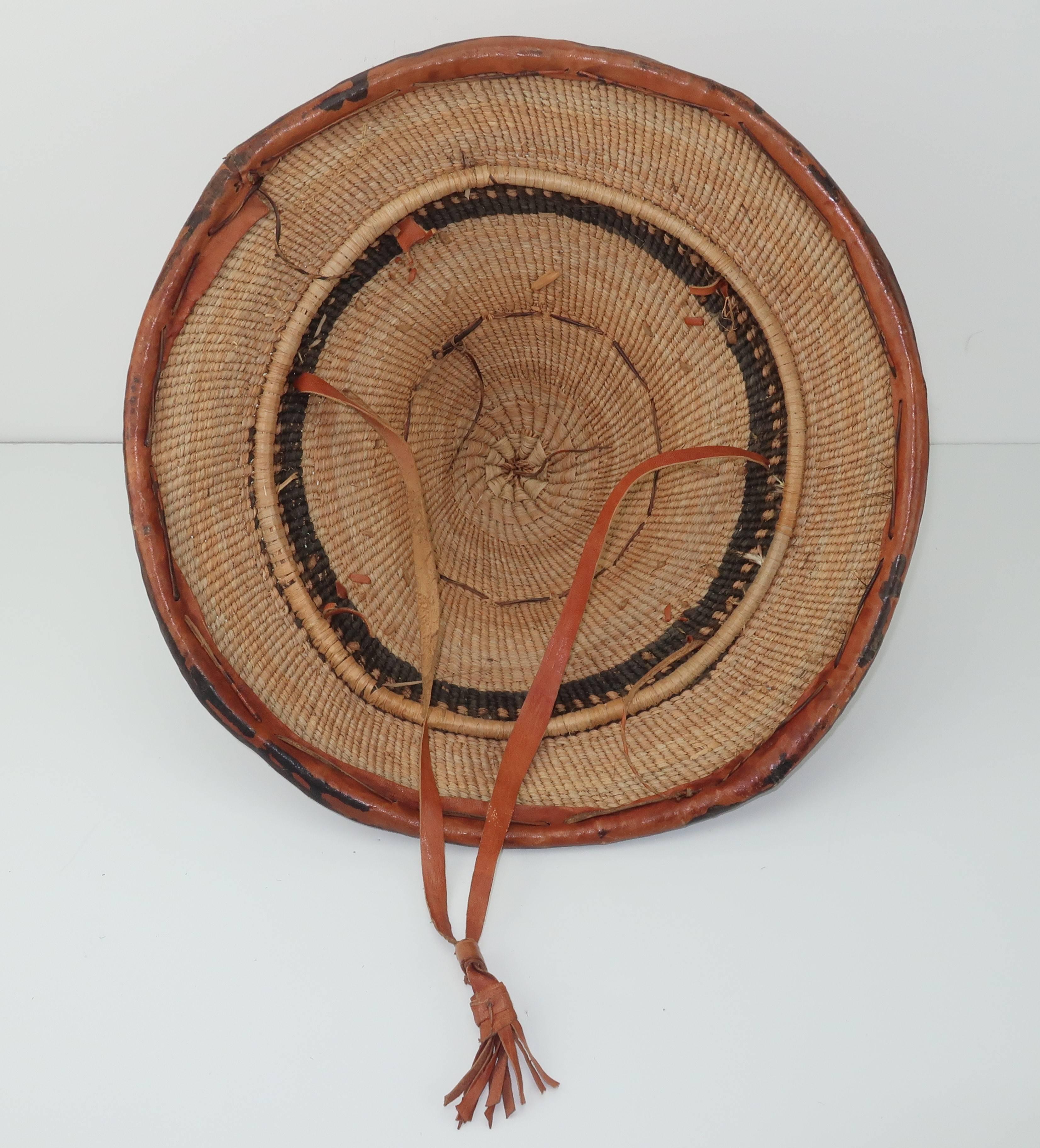 Vintage African Straw & Leather Pagoda Style Hat 2