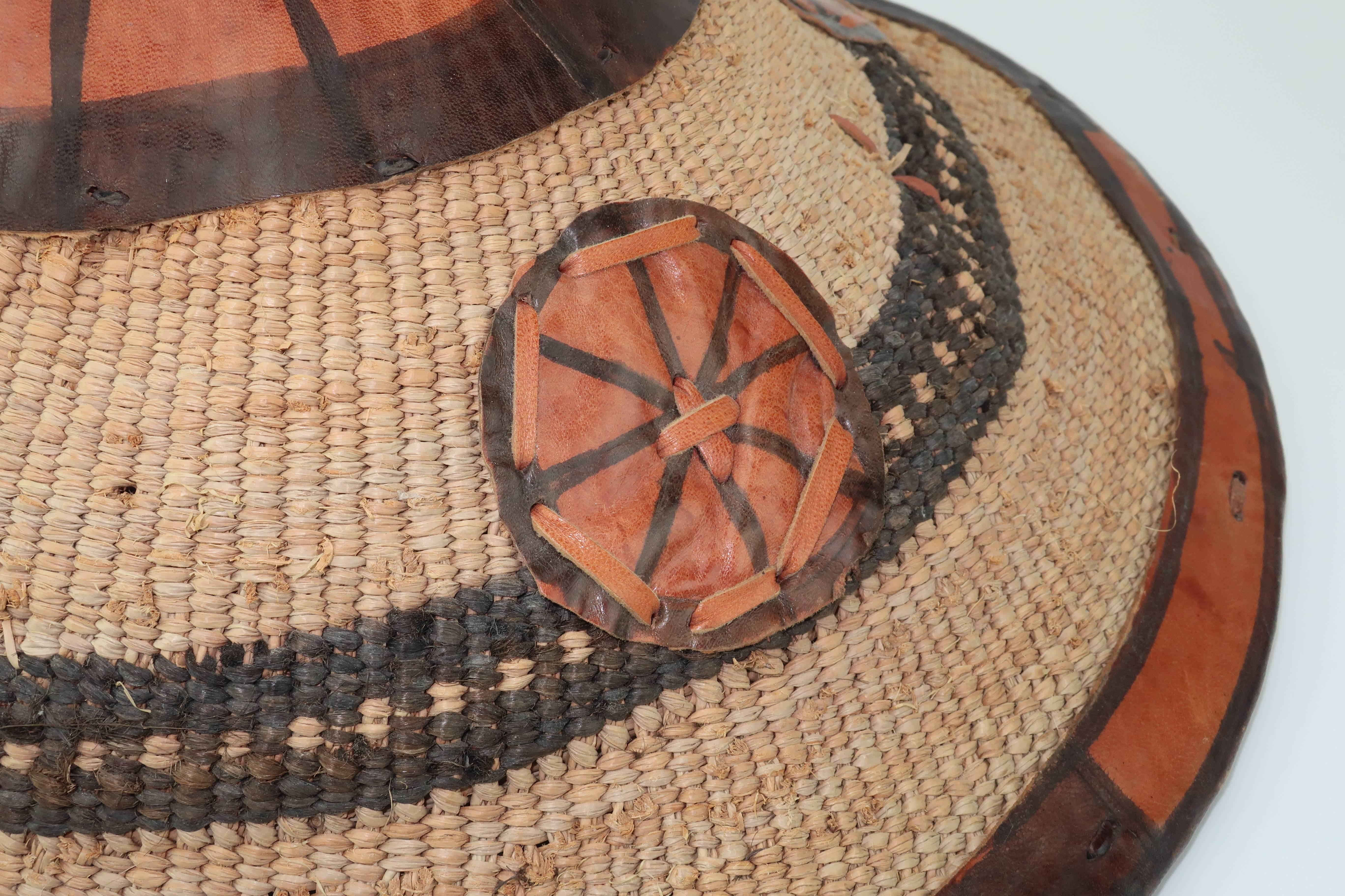 Women's or Men's Vintage African Straw & Leather Pagoda Style Hat