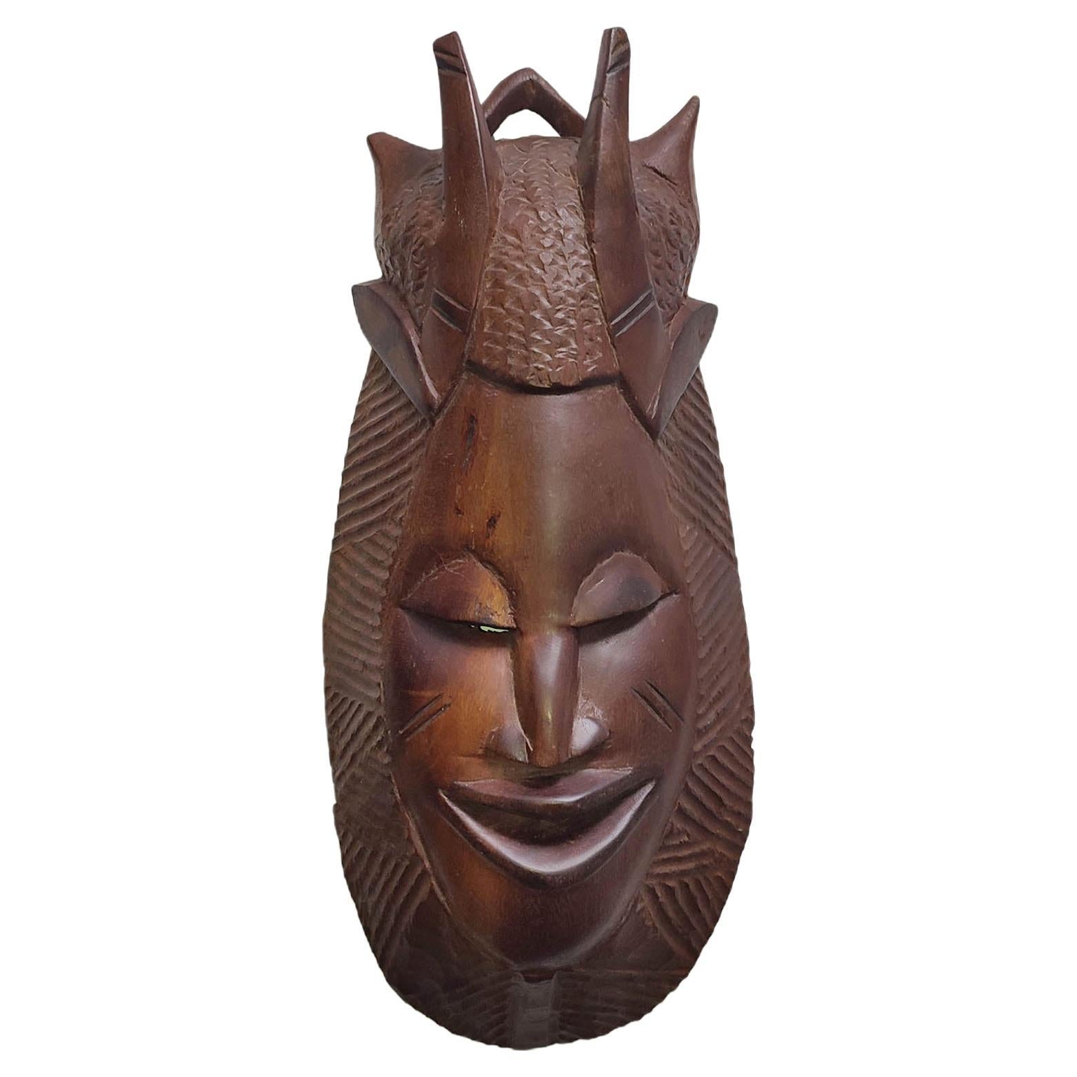 Vintage Wood Mask With Horns African Wooden Table Mask On A Metal Pedestal