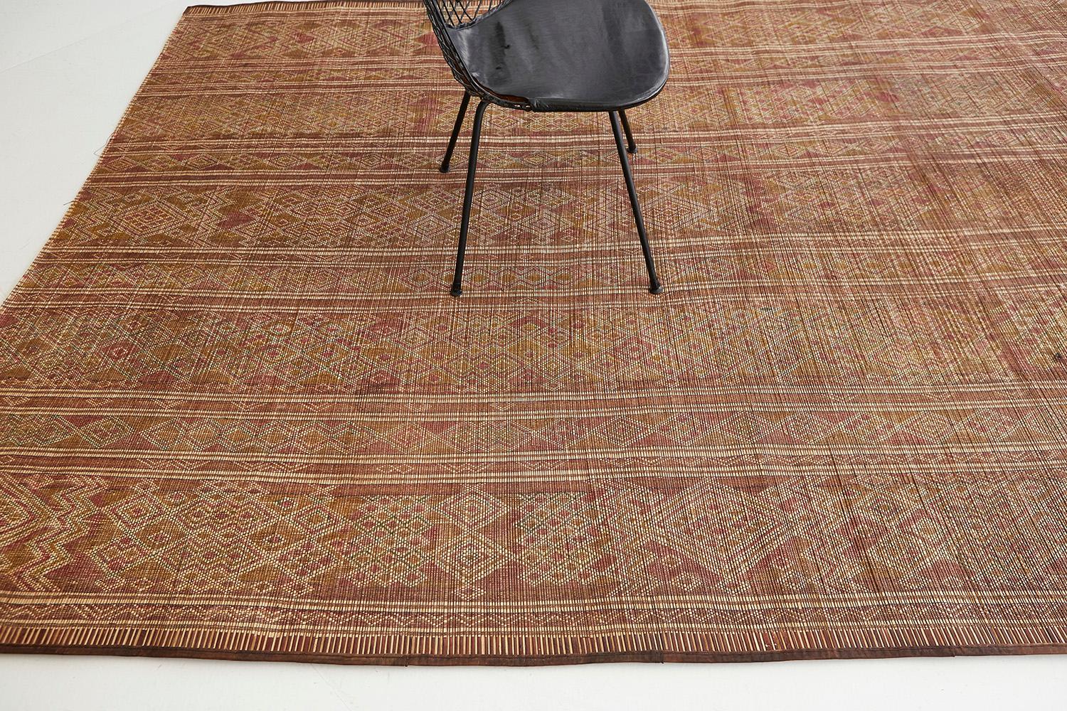 Preserving one's culture transferred to a rug is a story to tell. Natural schemes in diamond patterns, zigzag, and other ambiguous Berber symbols, are made out of reed and leather to make it last. Another masterpiece to add this up to your