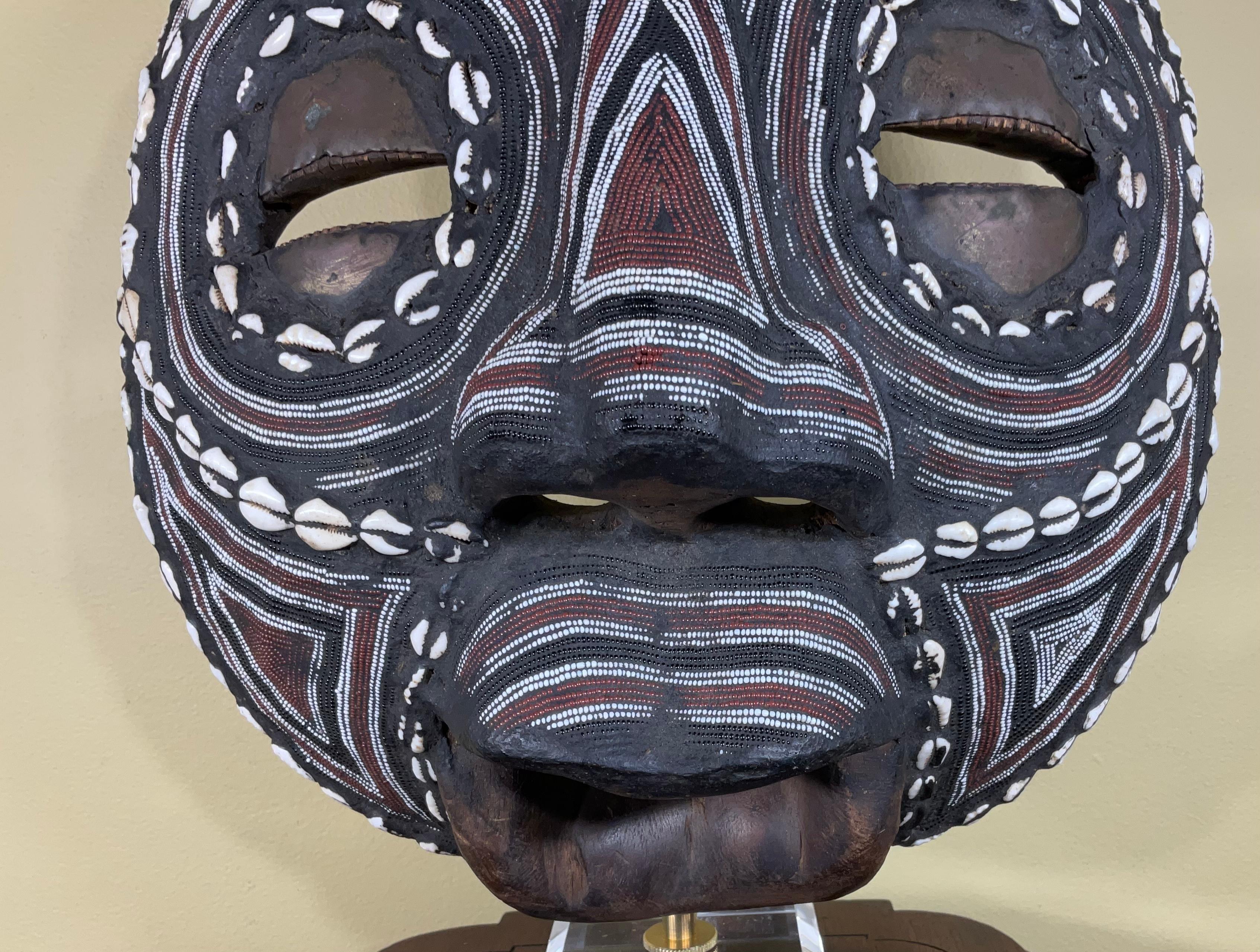 Tribal Vintage African Wood and Shell Mask For Sale