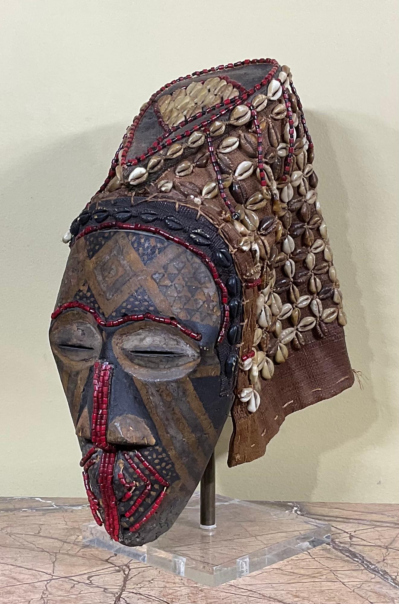 Hand-Crafted Vintage African Wood and Shell Mask
