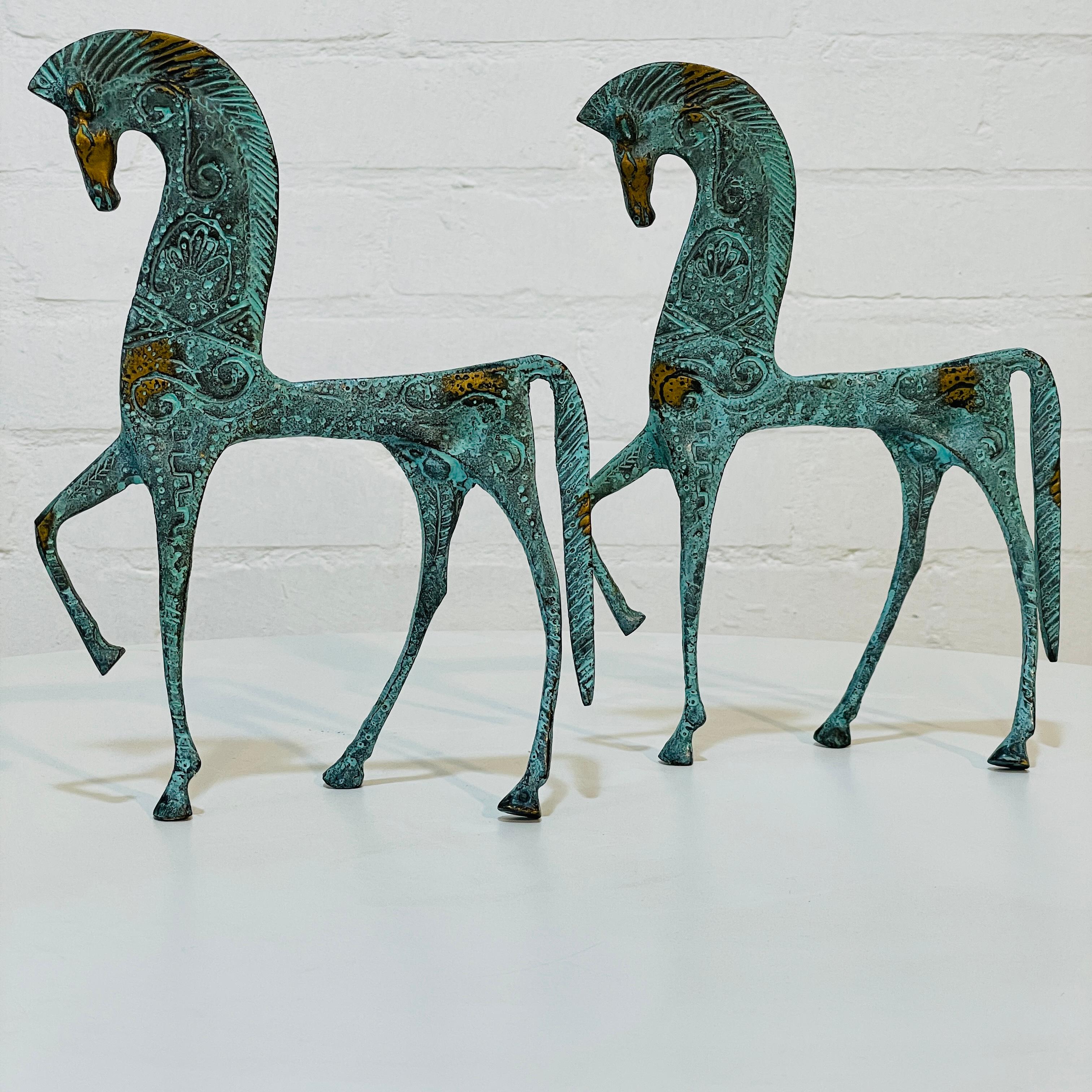 Italian Vintage After Frederick Weinberg Brass Etruscan Horses, Set of 2