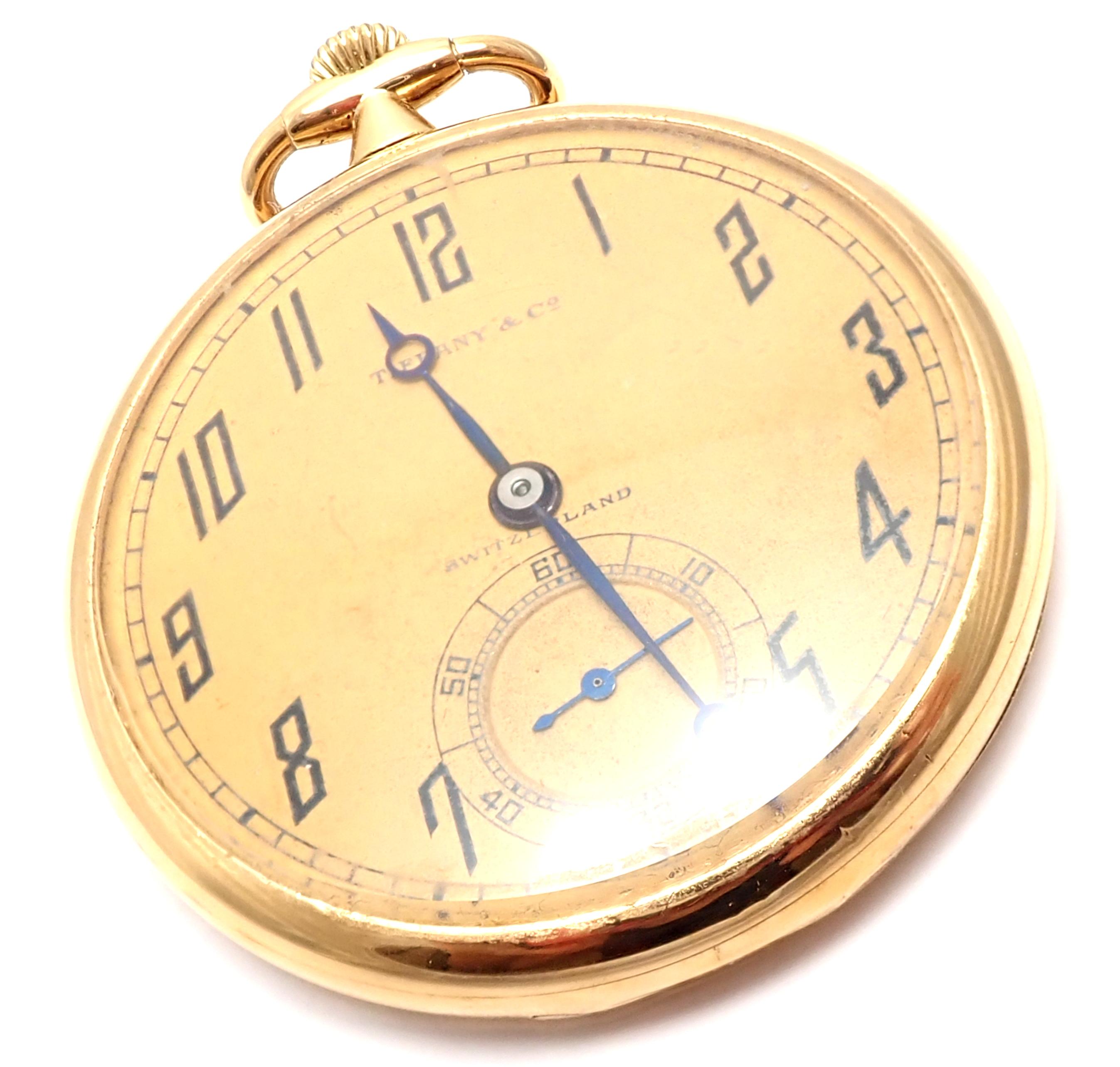 18k Yellow Gold 44mm Pocket Watch by Agassiz W & Co Made For Tiffany & Co. 
Details: 
Case Size: 44mm
Weight: 53.8 grams
Movement: Mechanical Hand Winding
Stamped Hallmarks: Dial: Tiffany & Co.
Inner Back Lid: Made For Tiffany & Co 
By Agassiz Watch