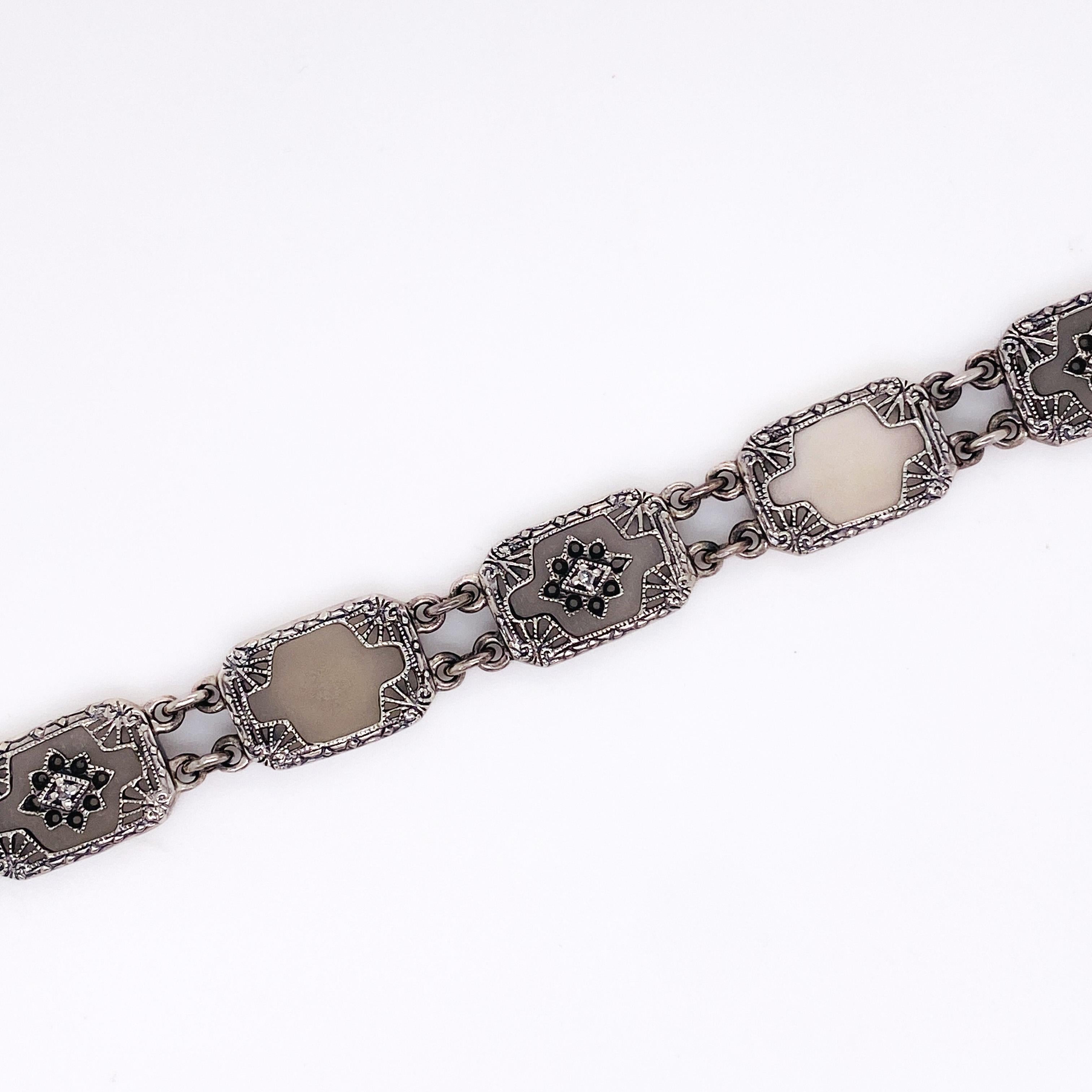 Taille grossière Bracelet Vintage Agate Calcédoine en Argent Sterling 7.5 Inch Filigree Link en vente