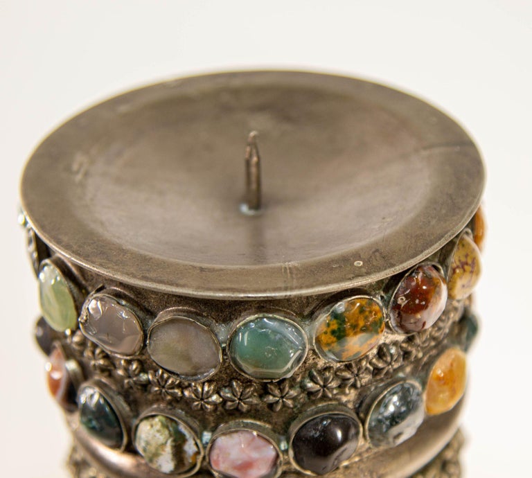 Vintage Agate Inlaid Jewelled Moroccan Silver Candle Holder For Sale at
