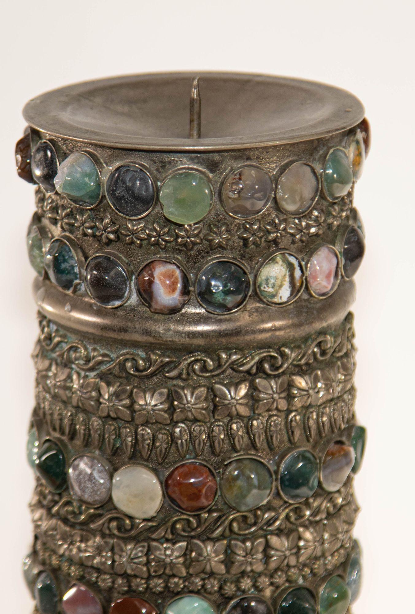 Vintage Achat Intarsien Juwelen marokkanischen Silber Kerzenständer (Marokkanisch) im Angebot