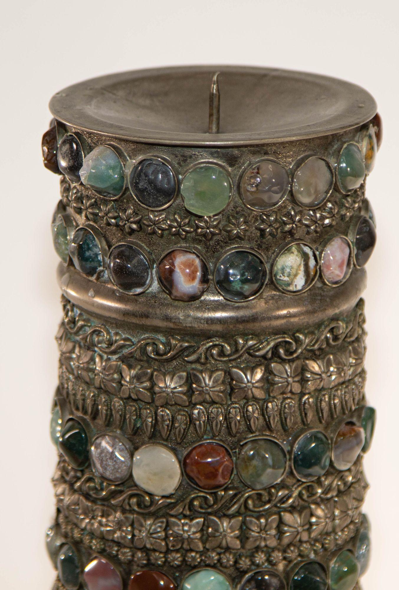 Vintage Achat Intarsien Juwelen marokkanischen Silber Kerzenständer (Handgefertigt) im Angebot