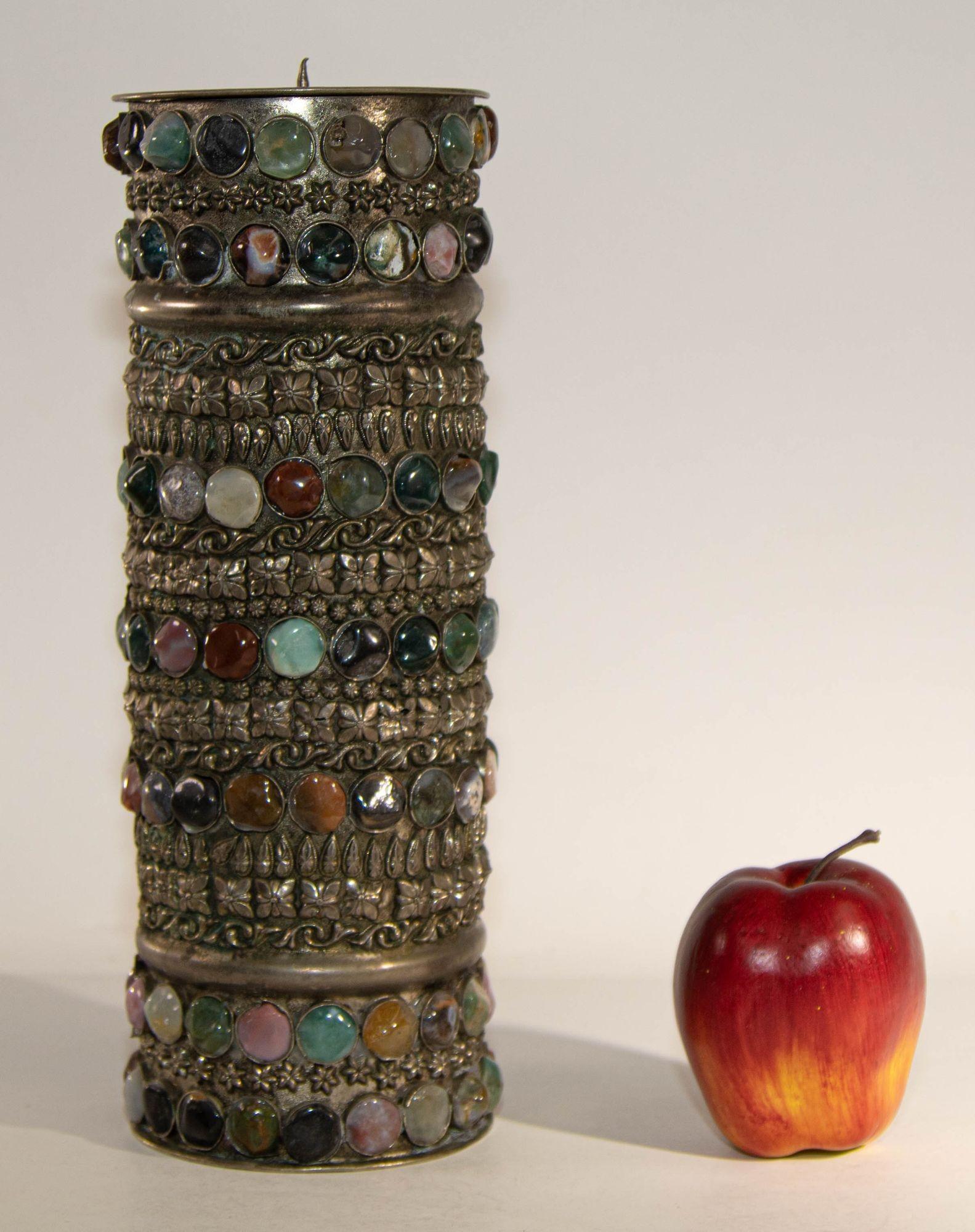 Vintage Achat Intarsien Juwelen marokkanischen Silber Kerzenständer (20. Jahrhundert) im Angebot