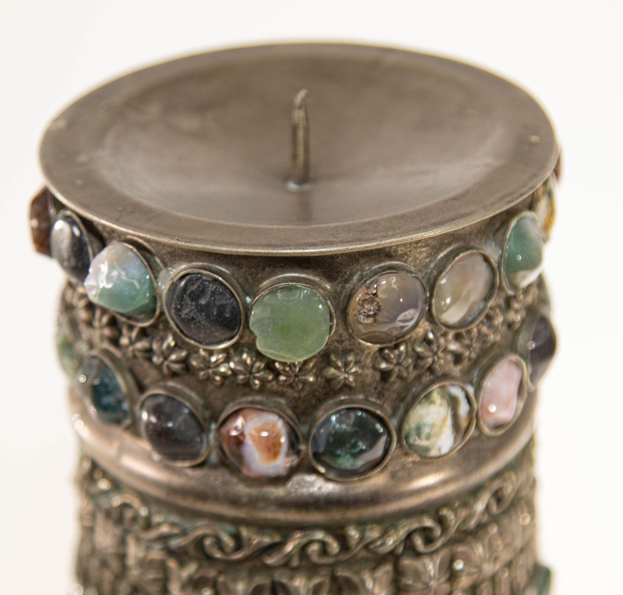 Vintage Agate Inlaid Jewelled Moroccan Silver Candle Holder For Sale 1