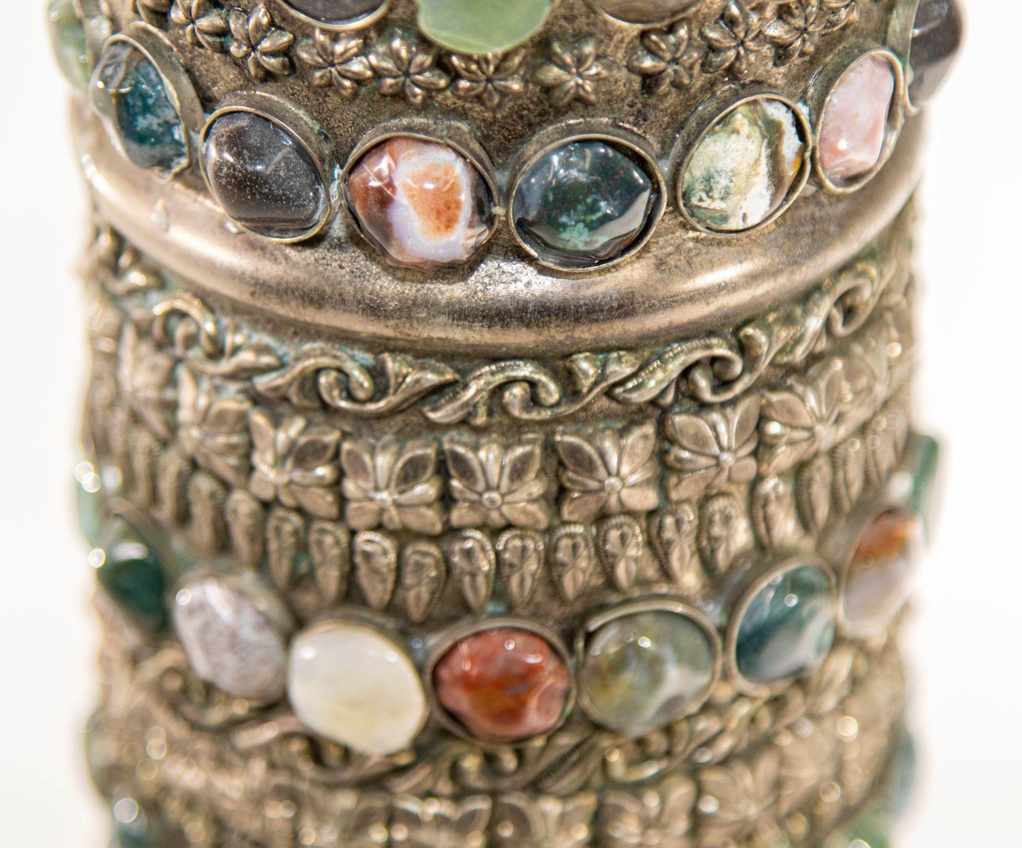 Vintage Achat Intarsien Juwelen marokkanischen Silber Kerzenständer im Angebot 1