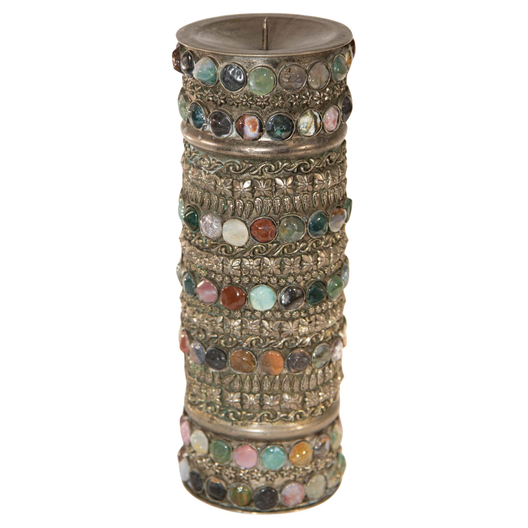 Vintage Achat Intarsien Juwelen marokkanischen Silber Kerzenständer im Angebot