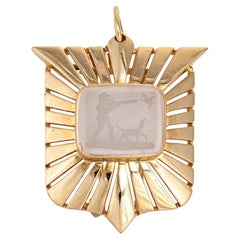 Vintage Agate Intaglio Pendant Brooch Hunting Scene Dog 14k Yellow Gold Animal