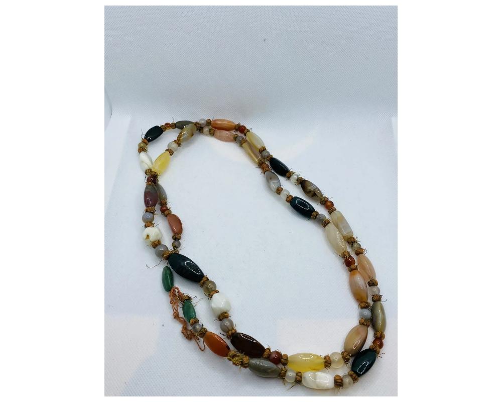 Ball Cut Vintage Agate, Jasper, and Bloodstone Elongated Beaded Necklace