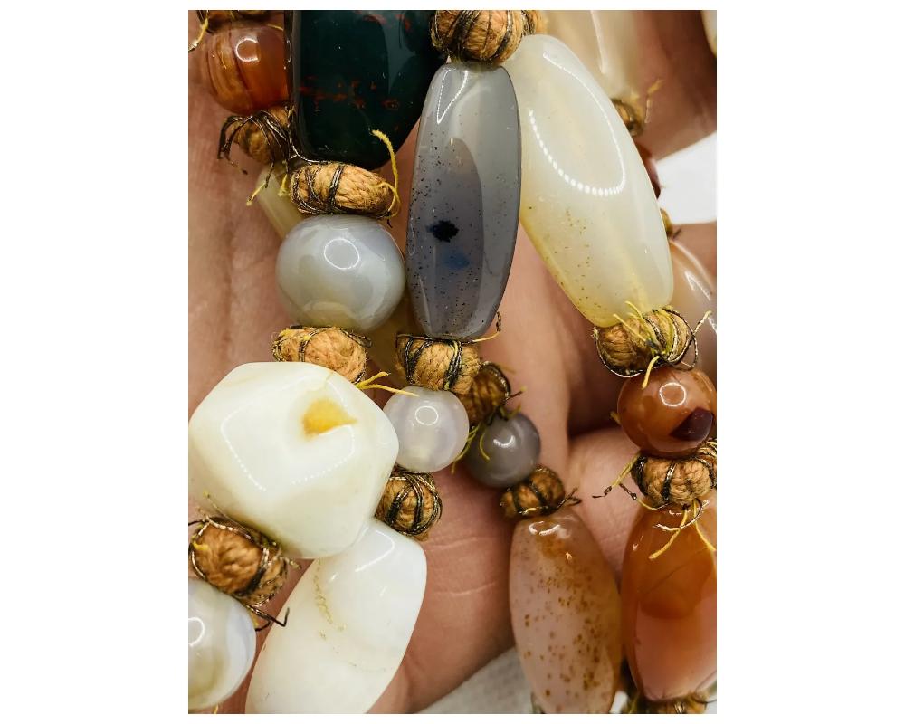 Vintage Agate, Jasper, and Bloodstone Elongated Beaded Necklace 1
