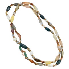 Vintage Agate, Jasper, and Bloodstone Elongated Beaded Necklace